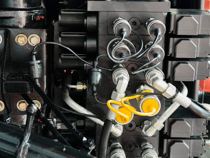 Intricate arrangement of hydraulic connectors and hoses in an industrial machinery setup for efficient power transmission and control - MotorPress Intricate arrangement of hydraulic connectors and hoses in an industrial machinery setup for efficient power transmission and control