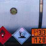 Rear of a tanker with three hazard placards: red diamond for flammable liquid (class 3), white diamond for environmental hazard (tree and dead fish), and an orange panel showing numbers 33 over 1208; gauge and tanker surface visible in background.