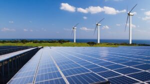 Rows of solar panels stretching toward a grassy coastline with wind turbines and the ocean in the distance under a clear blue sky.