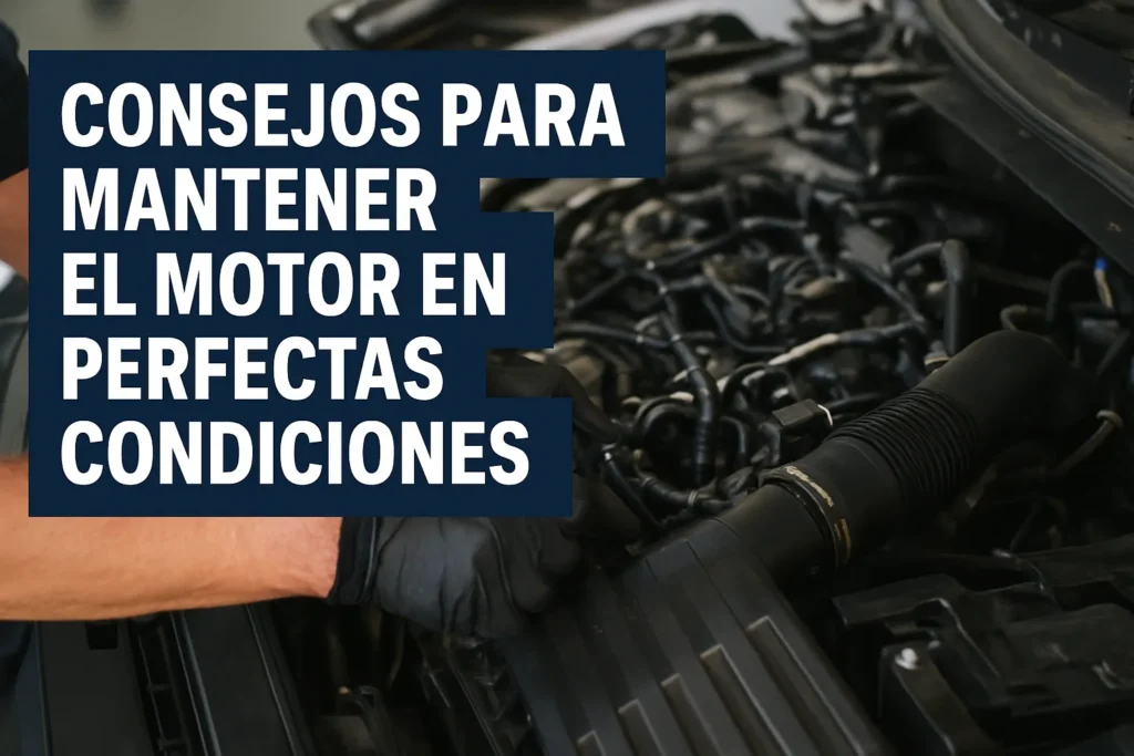 Consejos-para-mantener-el-motor-en-perfectas-condiciones - MotorPress 'CONSEJOS PARA MANTENER EL MOTOR EN PERFECTAS CONDICIONES' superpuesto sobre un motor de coche (banner informativo de mantenimiento