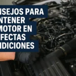 'CONSEJOS PARA MANTENER EL MOTOR EN PERFECTAS CONDICIONES' superpuesto sobre un motor de coche (banner informativo de mantenimiento