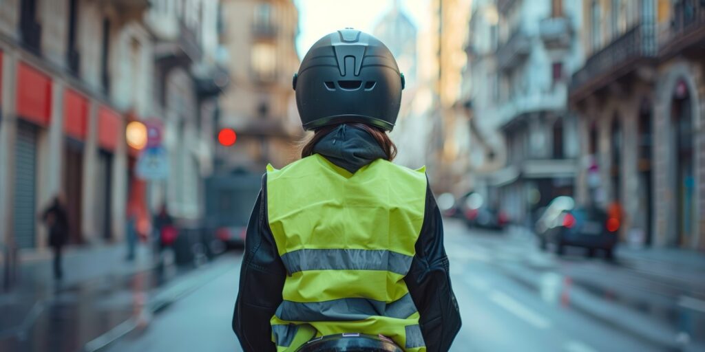 Person in a bright yellow safety vest and helmet seen from behind on a city street, likely a cyclist or motorcyclist awaiting traffic.