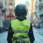 Person in a bright yellow safety vest and helmet seen from behind on a city street, likely a cyclist or motorcyclist awaiting traffic.